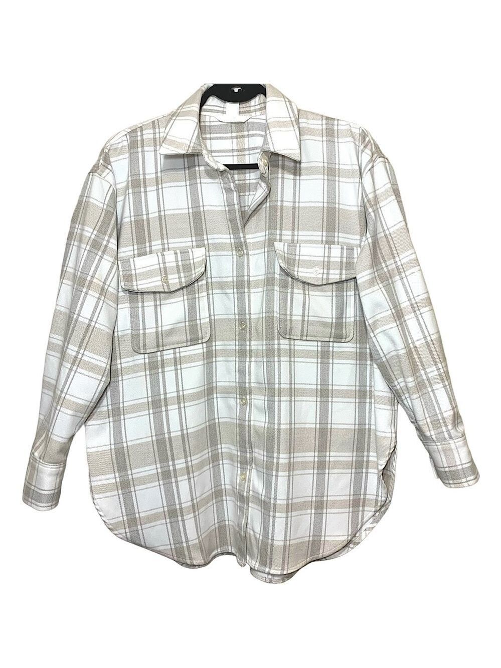Flannel Button Up Shacket Tan White Plaid S Oversized Long Sleeve Shirt Jacket